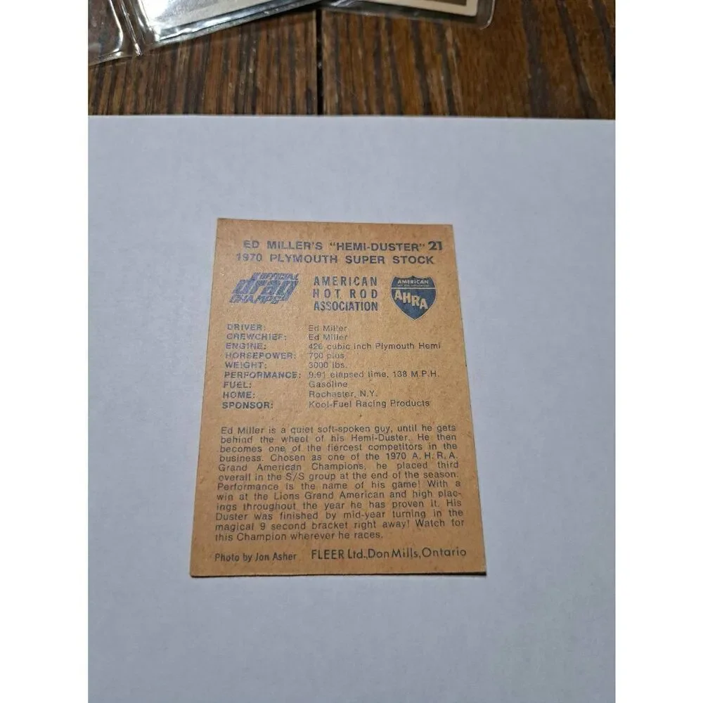 Vintage 1971 Ed Miller Hemi Duster AHRA Fleer Race Car Trading Card